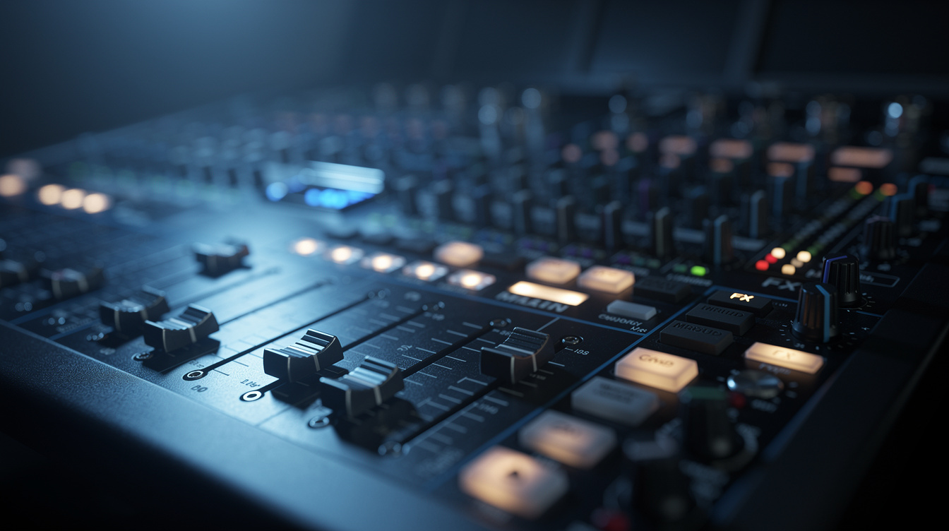 Close up of a mixing console with sliders and glowing buttons