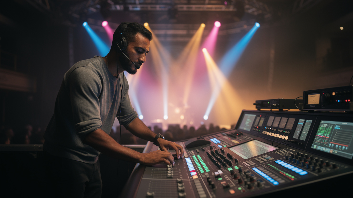 Sound and lighting engineer working at a live show control desk