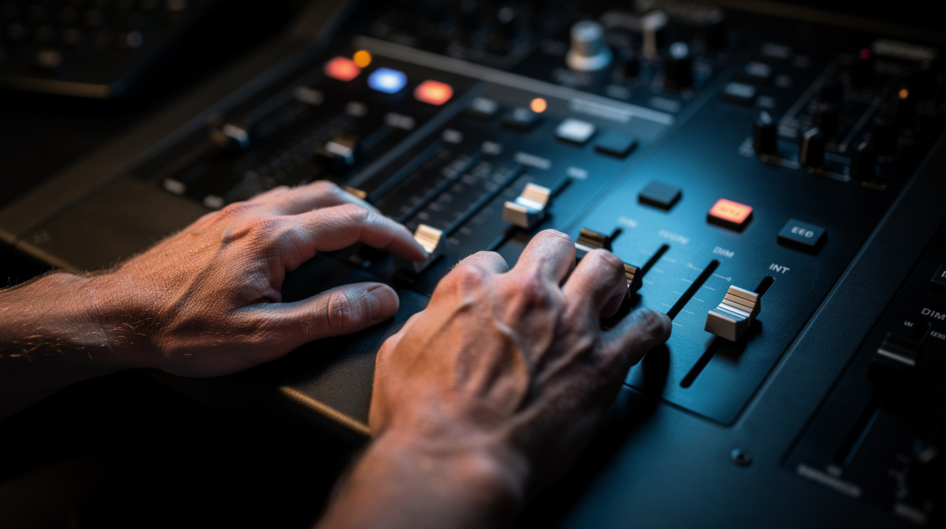 Close up of hands operating a lighting control panel