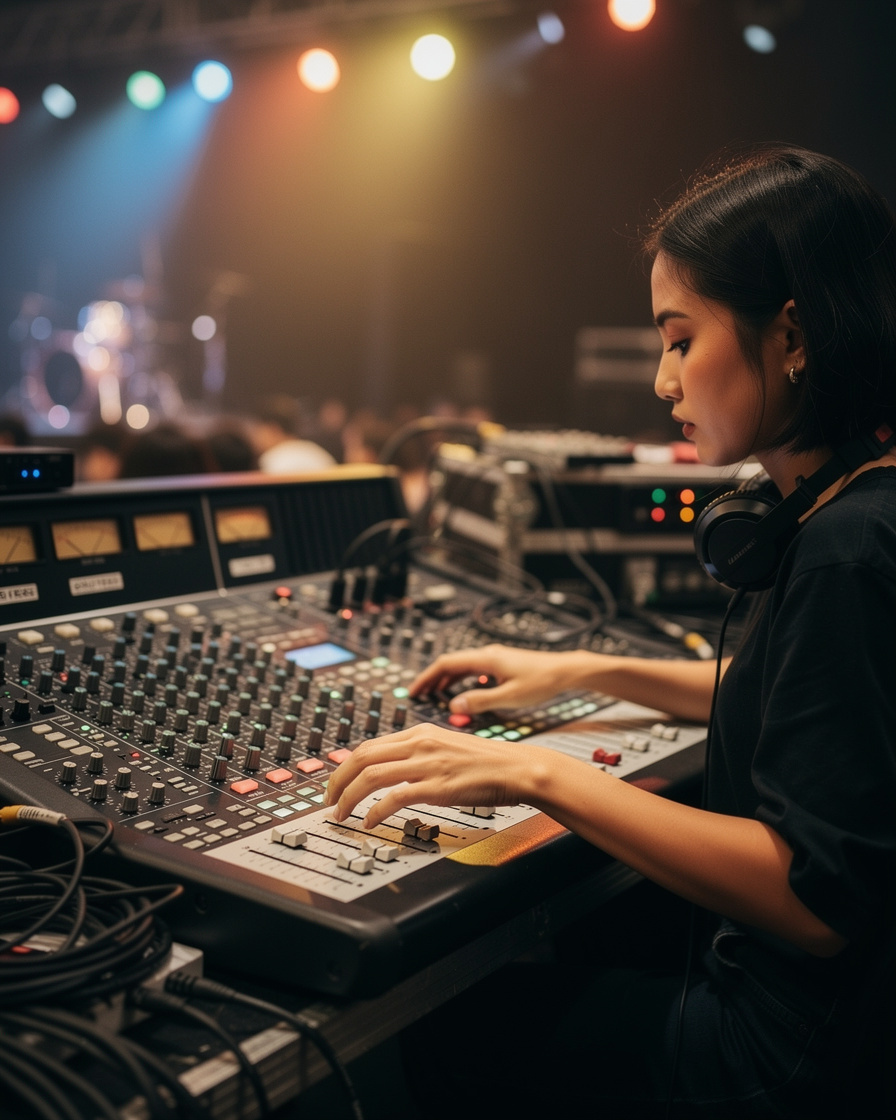 Sound engineer adjusting a mixing board during a show