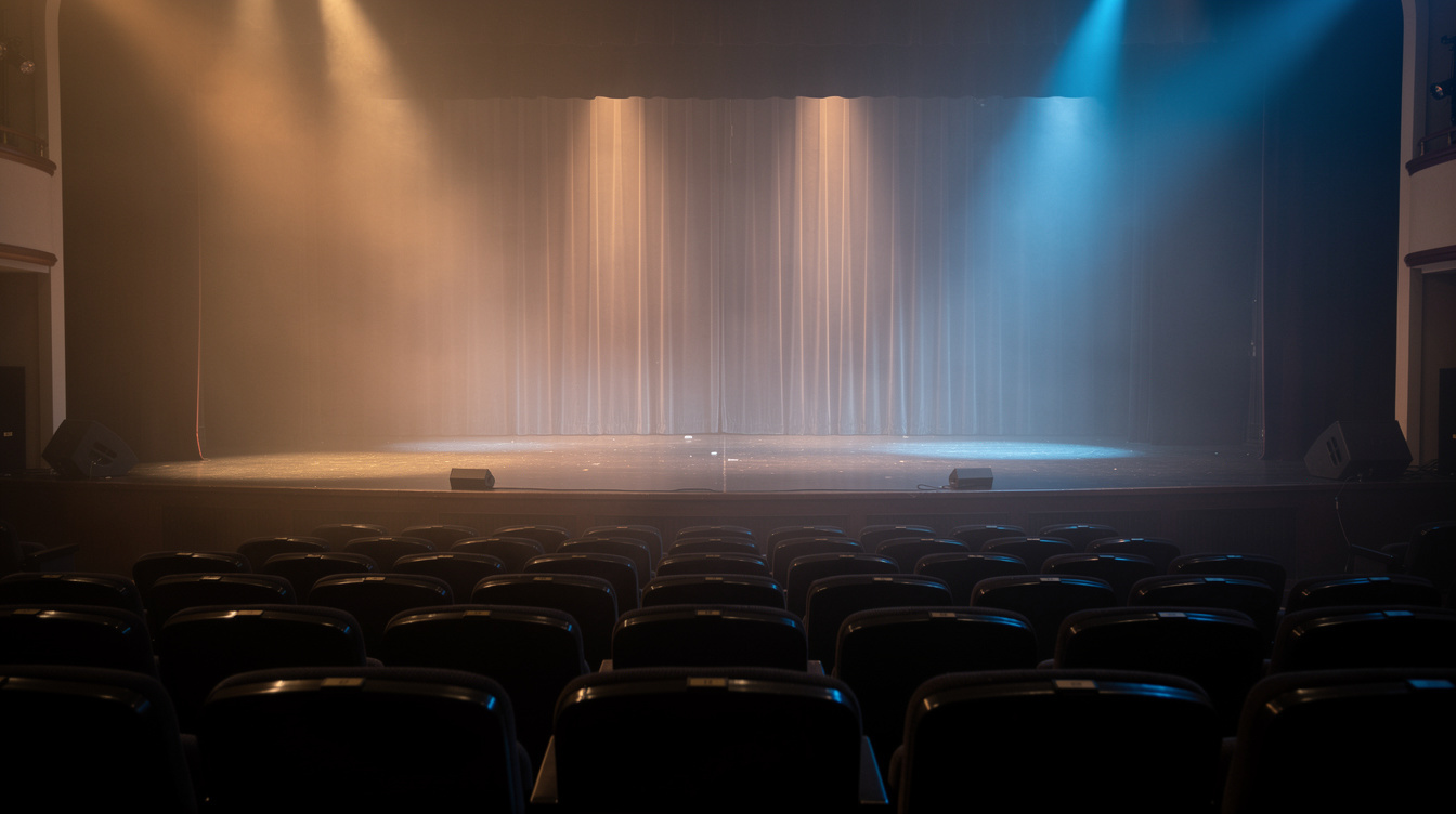Empty theater stage lit with warm spotlights