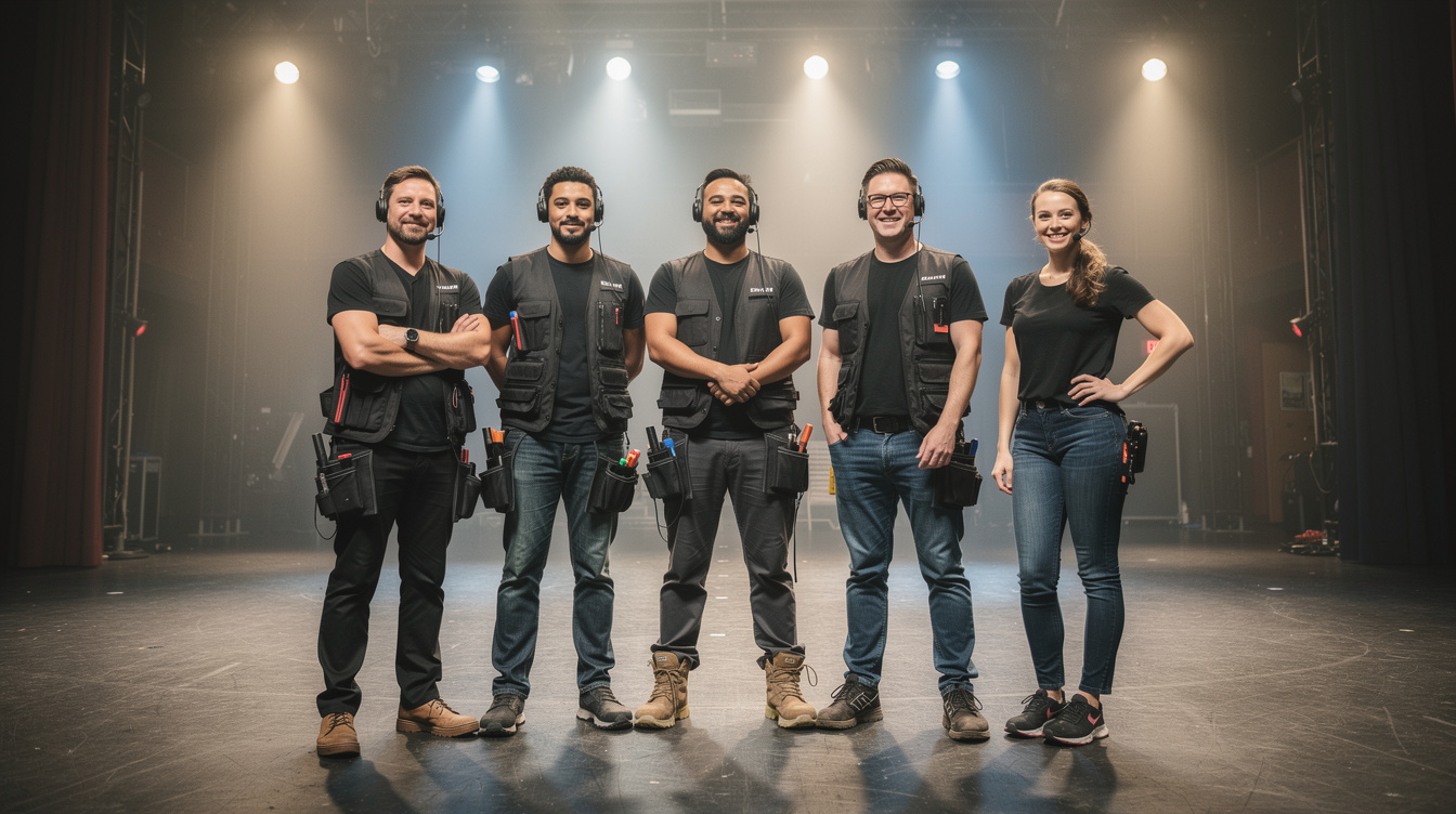 Stage production team posing together in a theater