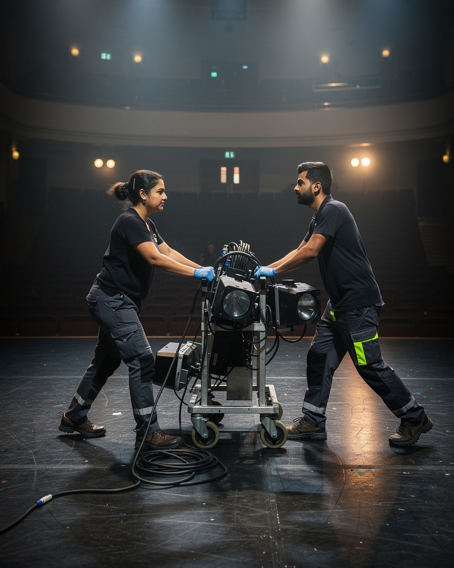 Stagehands moving equipment before a show