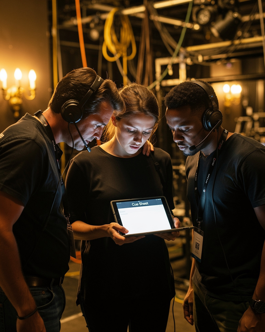 Production crew reviewing a cue sheet backstage