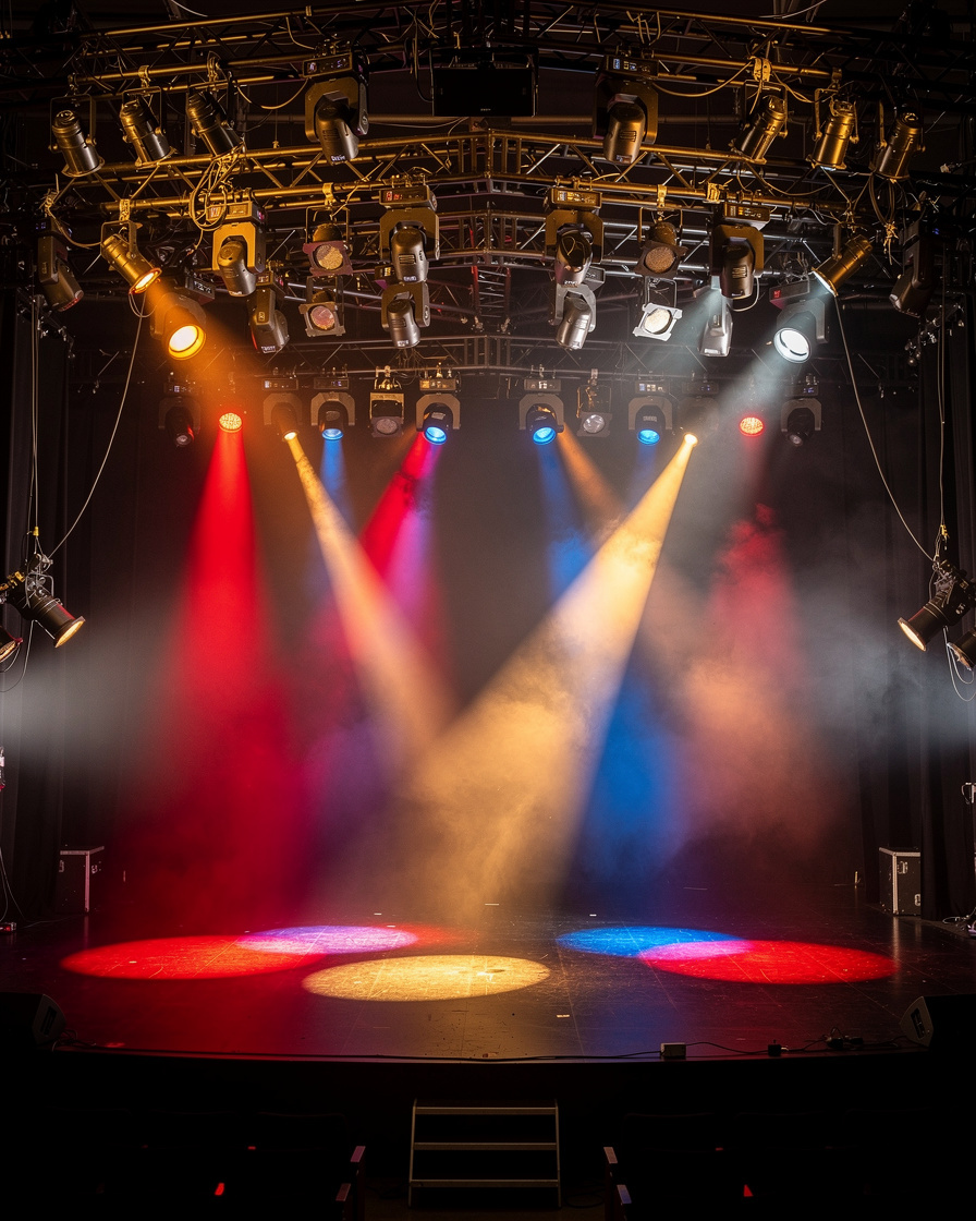 Colorful stage lighting rig above an empty theater stage